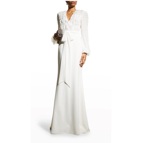 Badgley Mischka White Long Sleeve Evening Gown - Picture 2 of 5